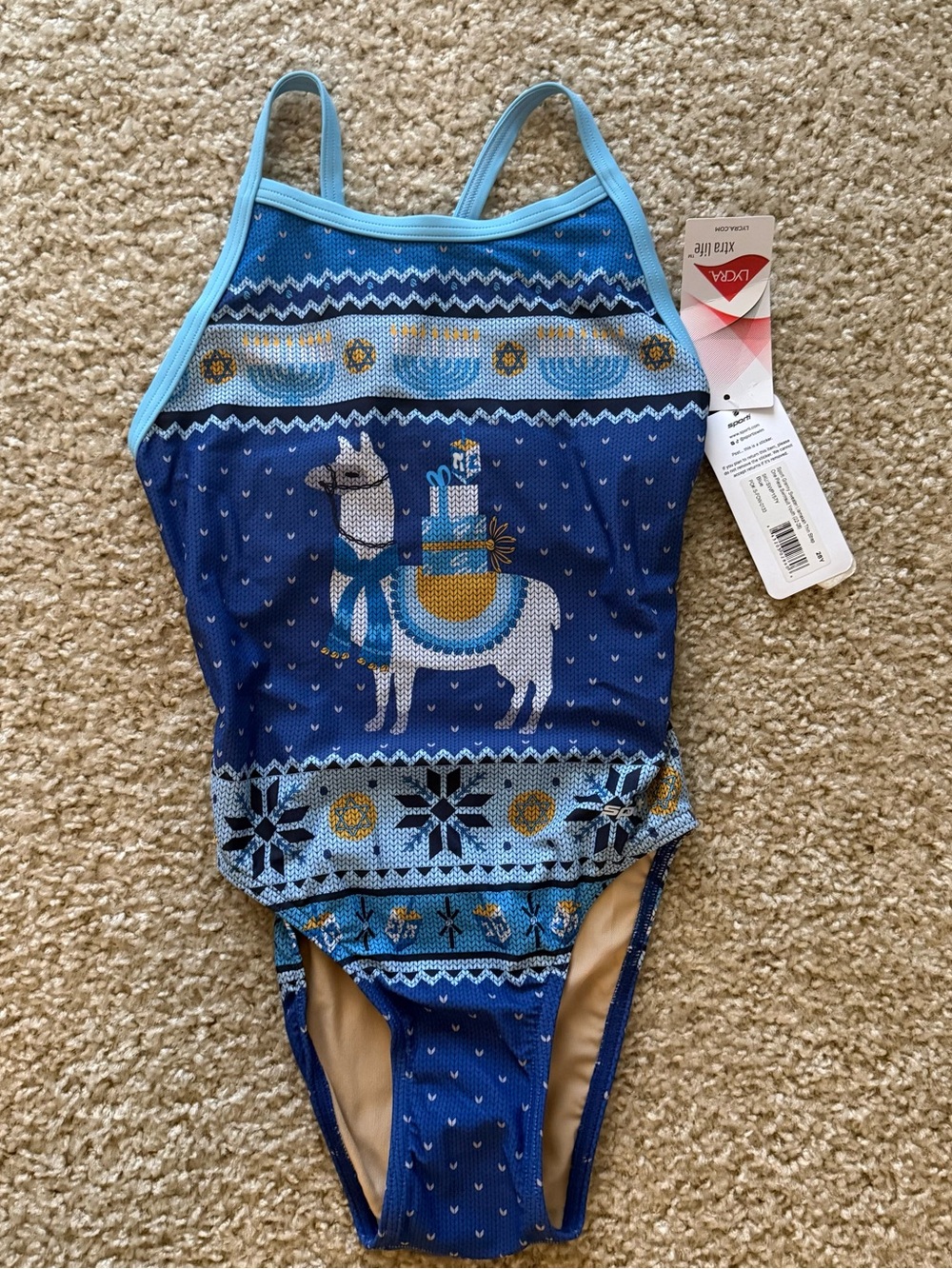 Sporti Blue Llama Hanukkah One Piece Swimsuit Girls 28Y NWT Xtra Life Lycra 10